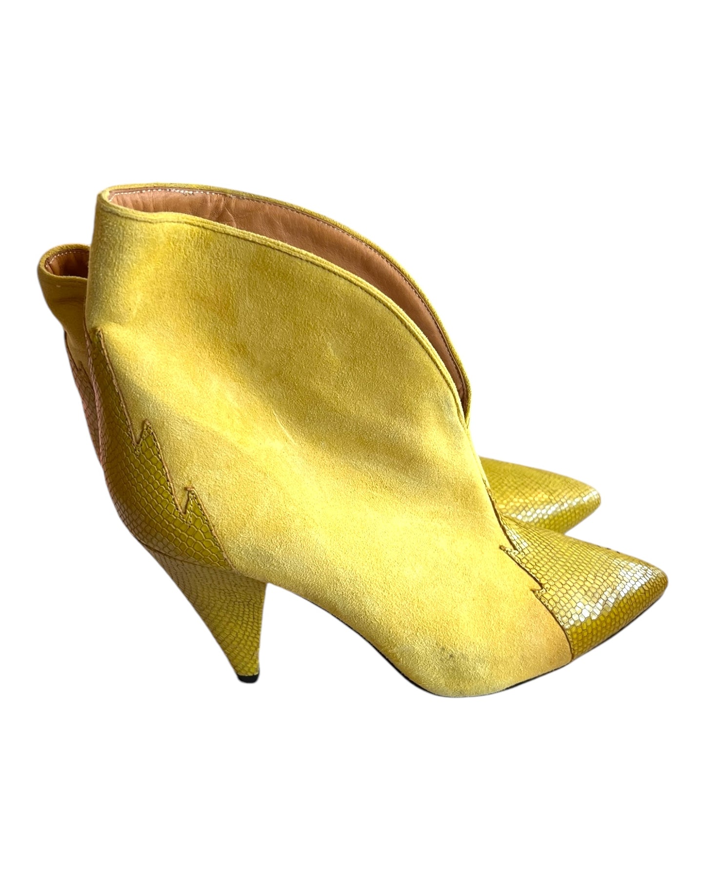 Vintage Isabel Marant Yellow Suede and lizard Leather Bootie Heels. Suede body with lizard leather tips and heels, shaped in a flame pattern.