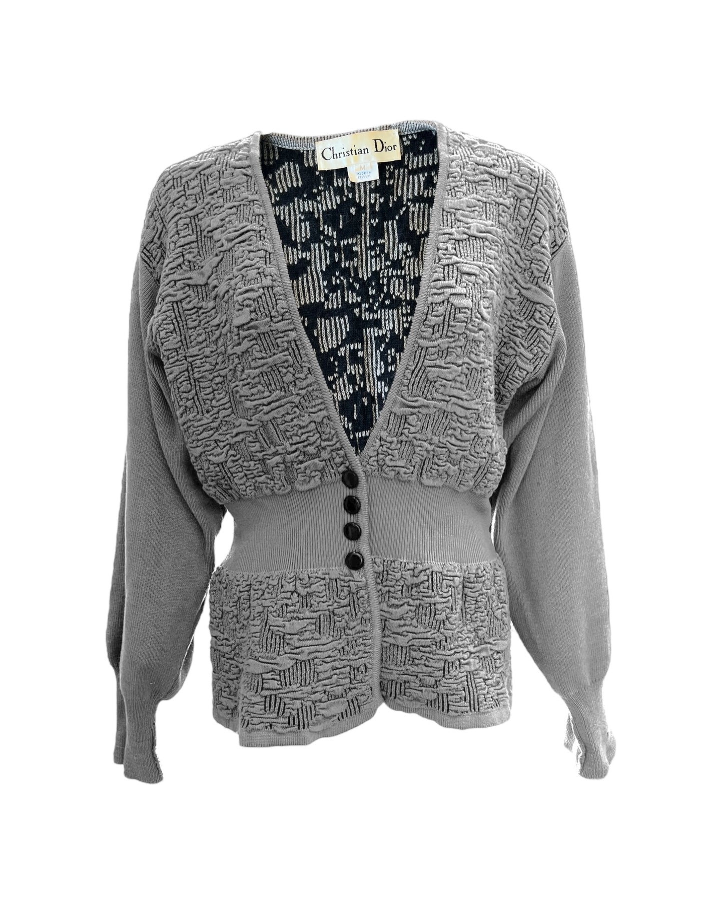 Vintage Christian Dior Grey Knit Cardigan Sweater with black buttons and a deep v-neck.
