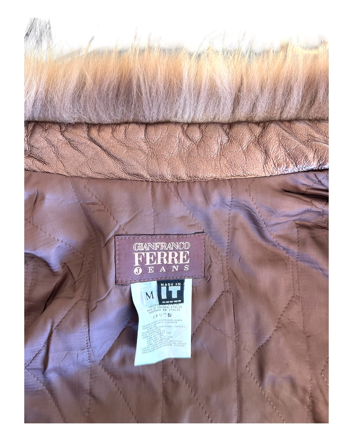 Vintage 1990s Gianfranco Ferre Bronze Leather, Suede and Fur Trimmed Jacket. Image shows brand and size tags.