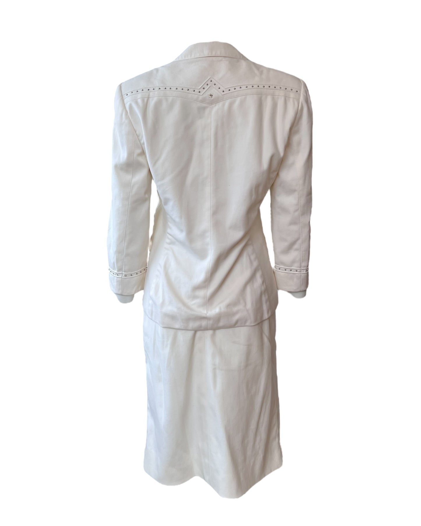 Vintage 2000 Escada white denim skirt suit. includes a blazer and skirt. the suit is a western-style with metal embellishments throughout the blazer.