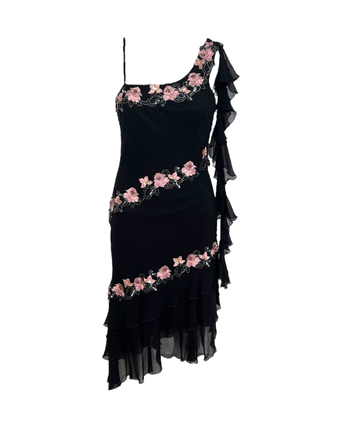 Vintage Caché Asymmetrical Embroidered Pink and Black Midi Dress
