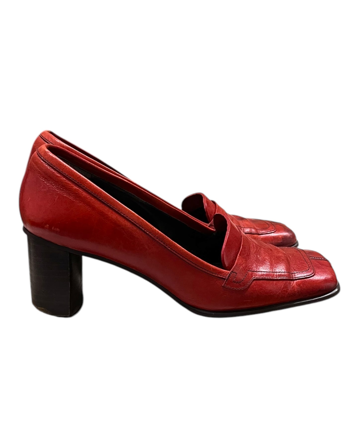 Vintage Red Leather Square-Toe Heels