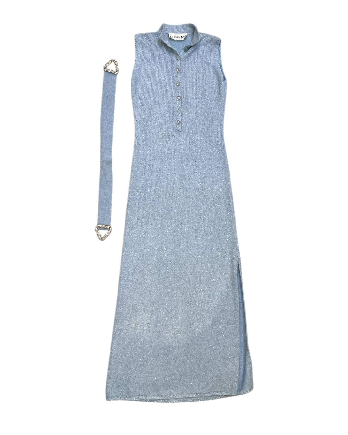 Vintage St. John Knits Ice Blue Sparkly Maxi Dress with Belt