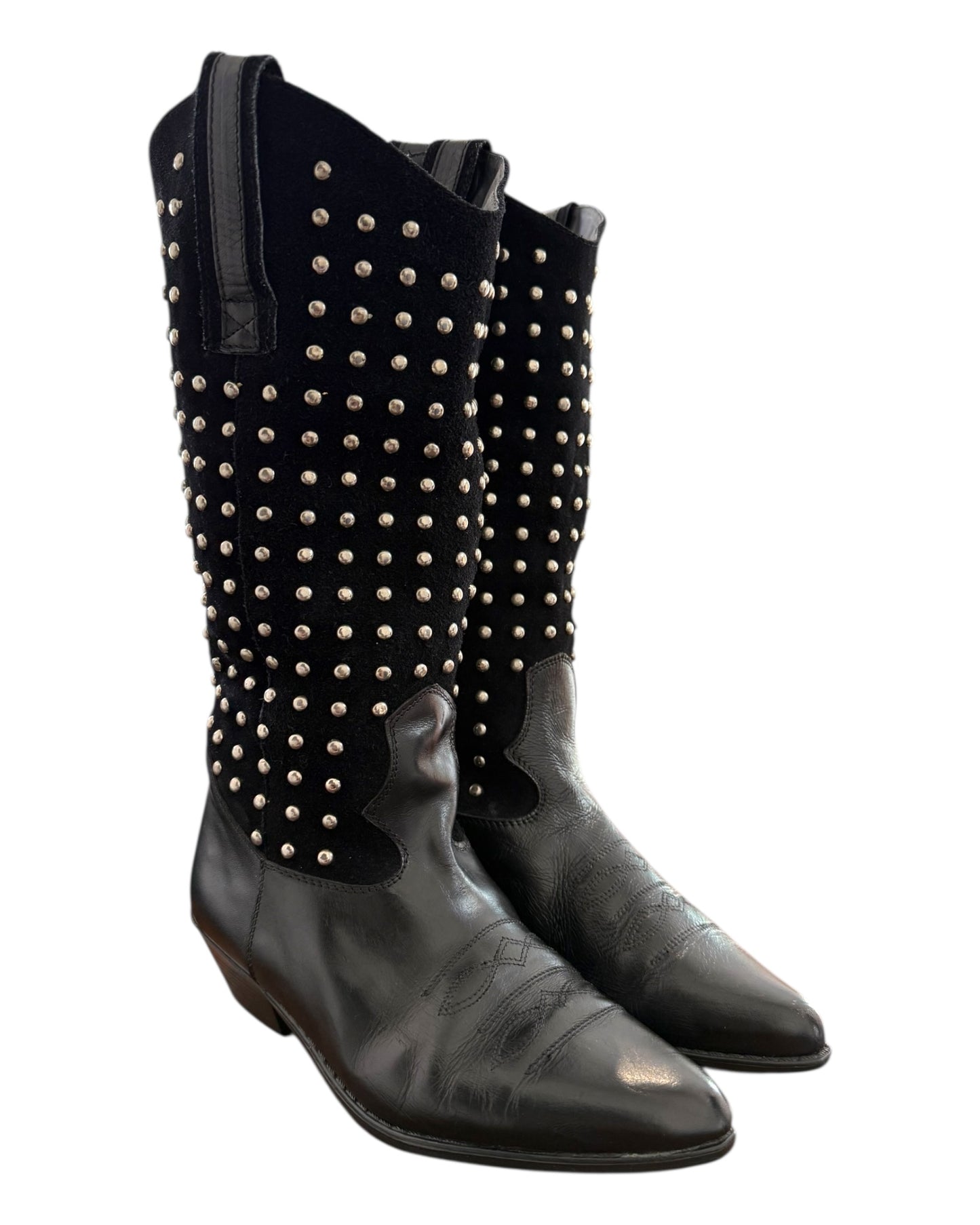 Vintage Black Suede and Leather Studded Cowboy Boots