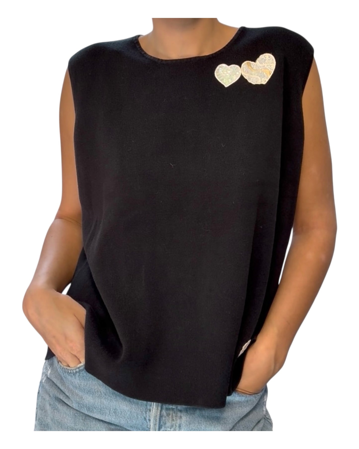 Vintage Black Knit Tank Top with Sequin Hearts
