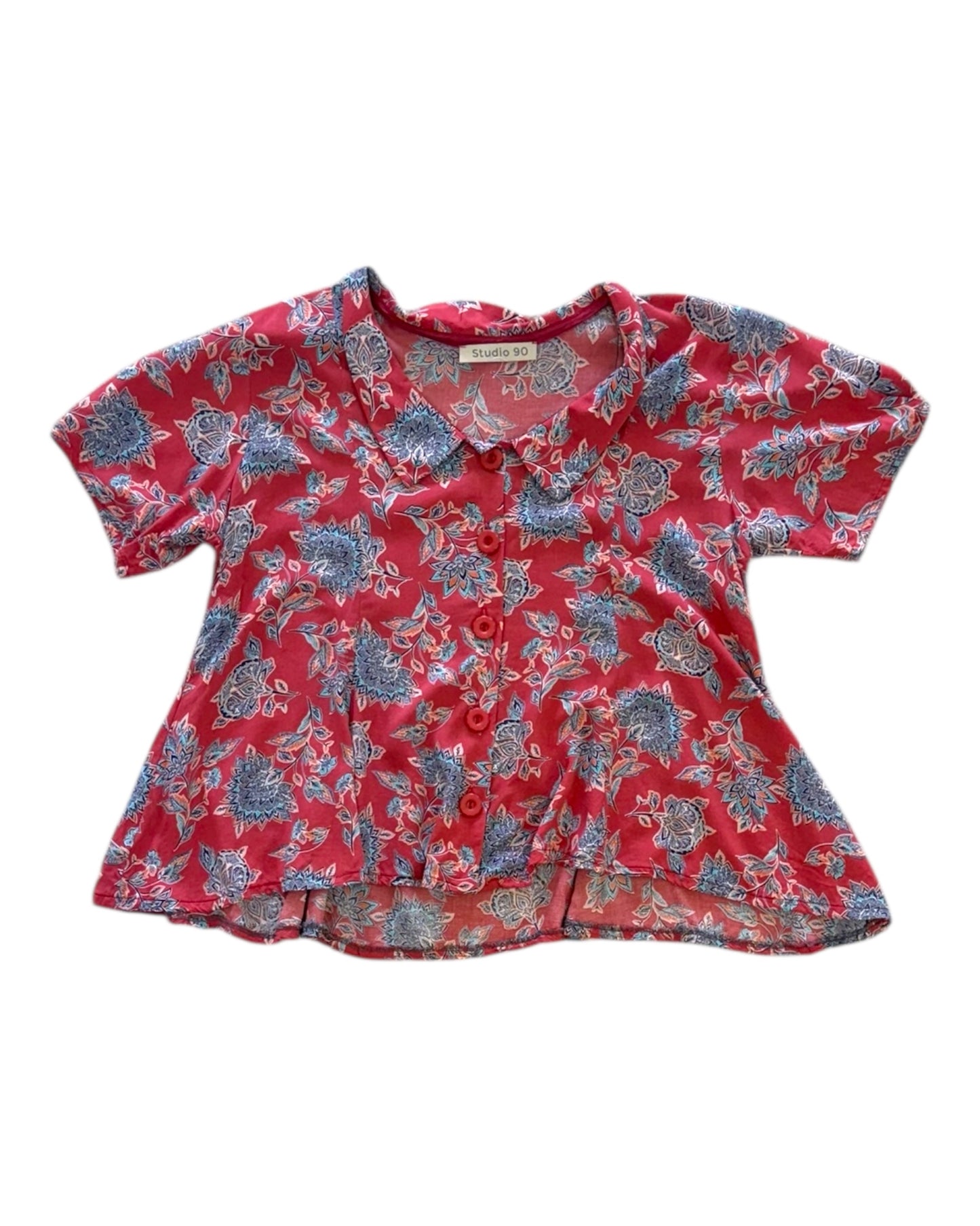 Vintage Red and Blue Floral Cropped Blouse
