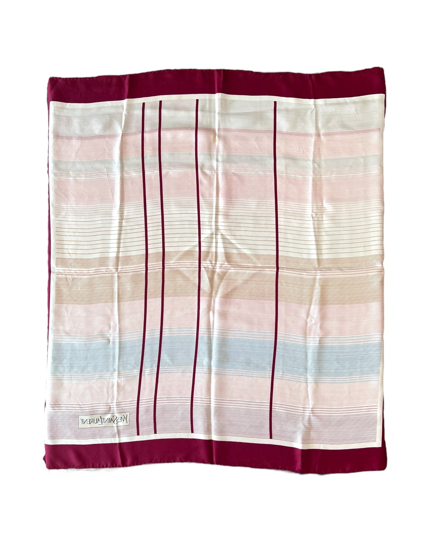 Vintage Yves Saint Laurent Pink Multicolor Plaid Silk Scarf. colors are maroon, pink, blue, beige, grey and white.