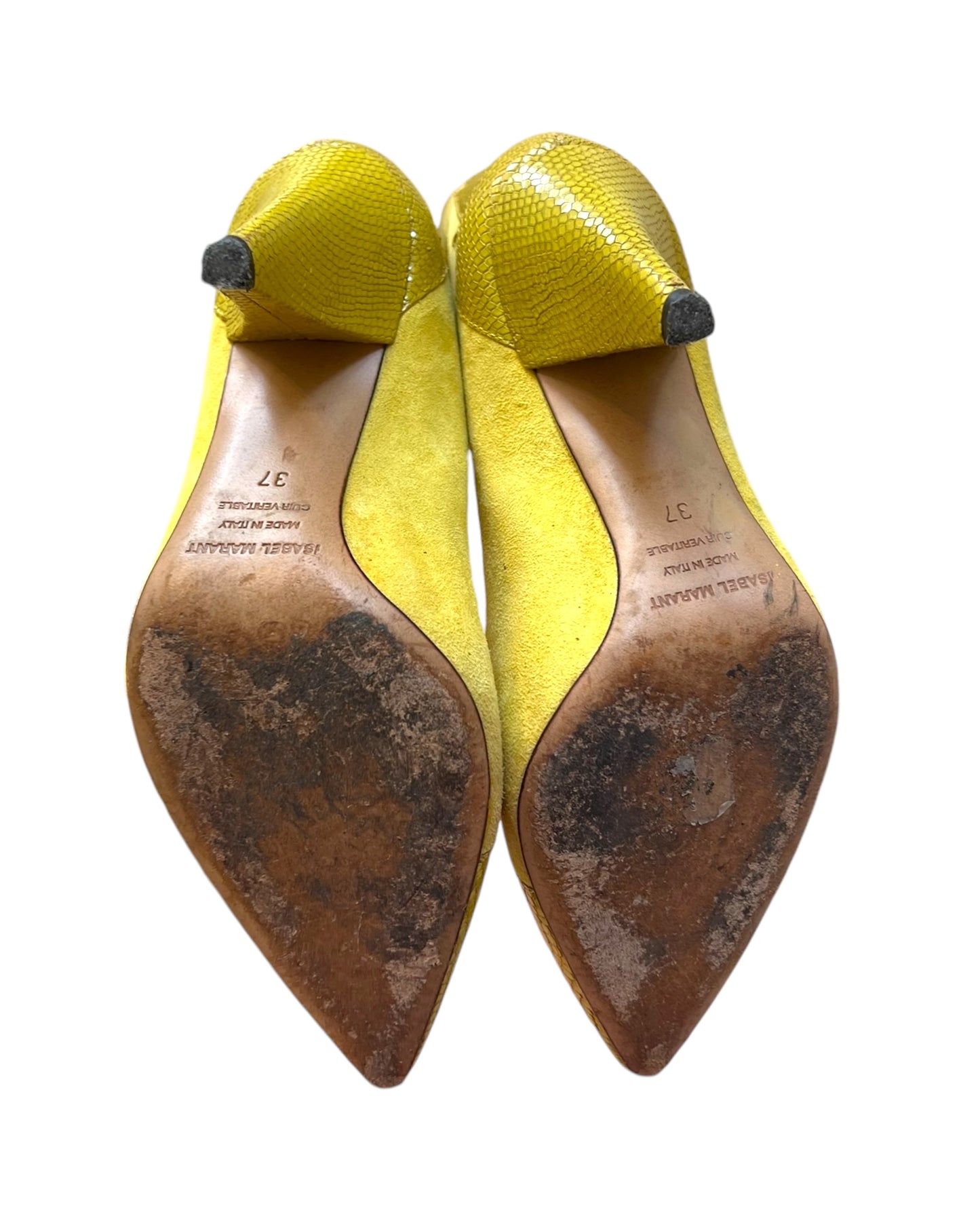 Vintage Isabel Marant Yellow Suede and lizard Leather Bootie Heels. Suede body with lizard leather tips and heels, shaped in a flame pattern. Image shows the bottom of the shoes, depicting heavy wear.