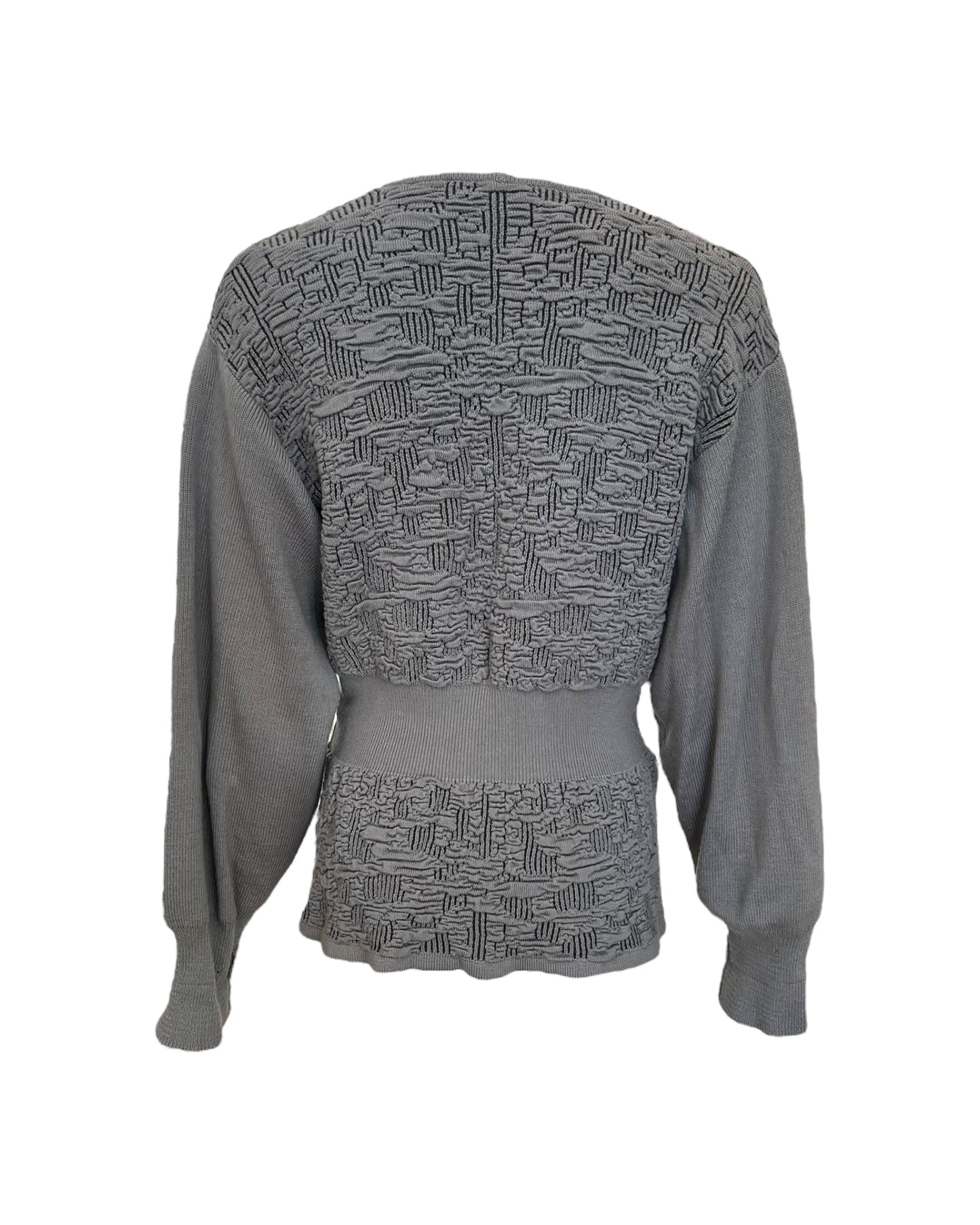 Vintage Christian Dior Grey Knit Cardigan Sweater with black buttons and a deep v-neck.