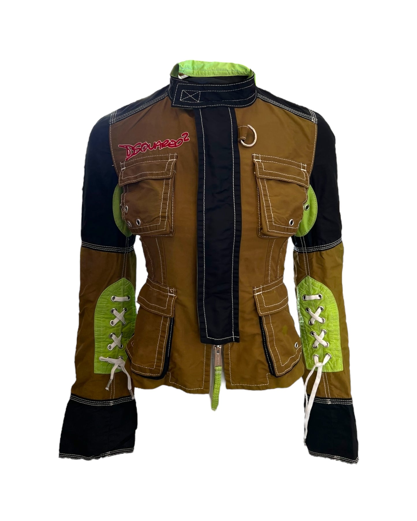 Vintage DSquared2 Black and Green Utility Jacket. Features four pockets, lace up details on sleeves and velcro openings.