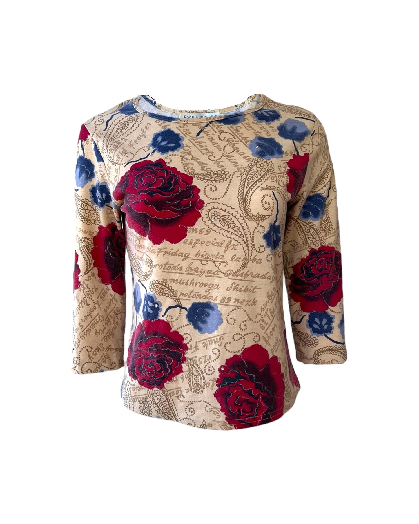 Vintage Daniel Benjamin Tan Rhinestones and Roses Top.
