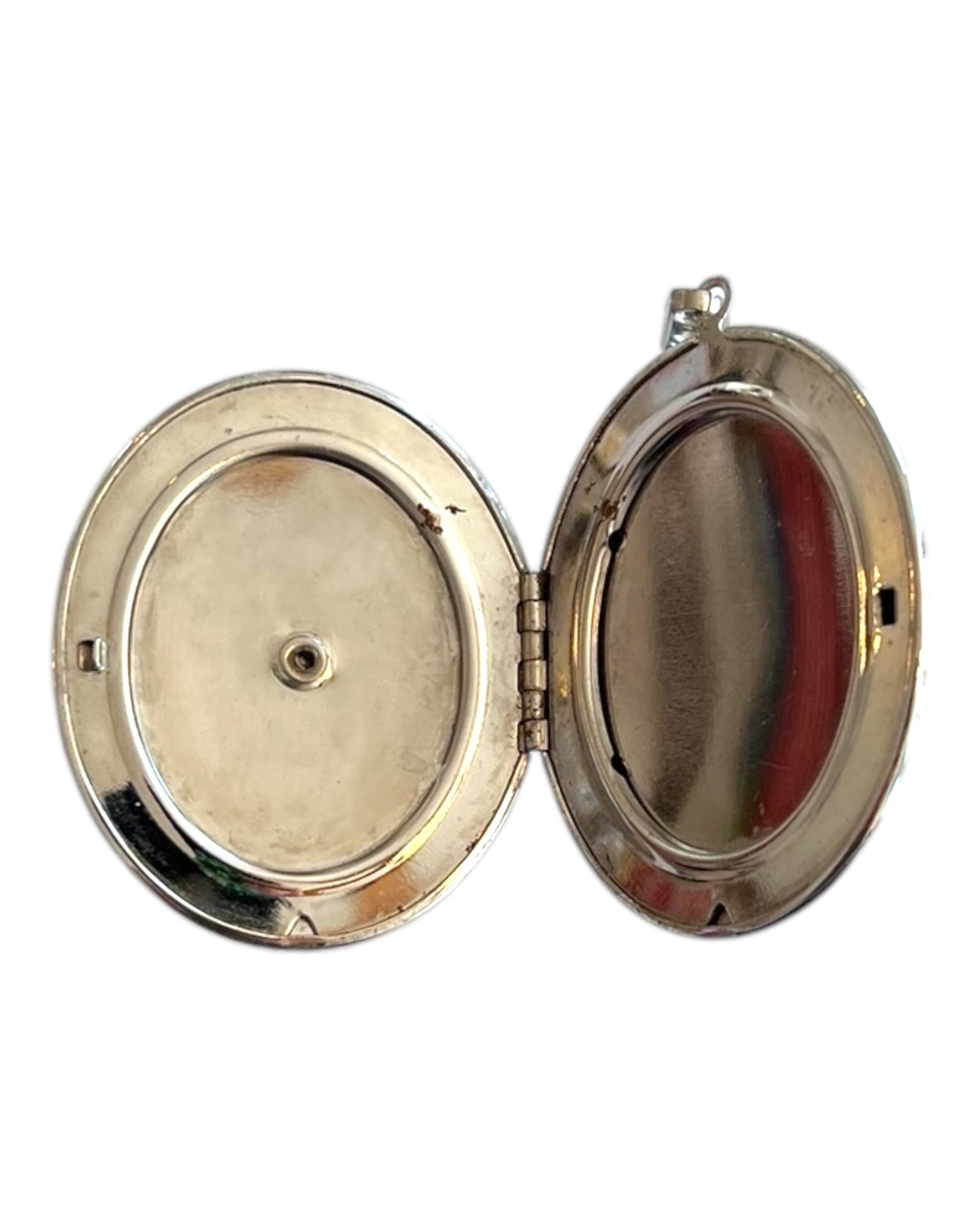 Vintage White Rose Print Silver Locket. Image depicts inside of locket.