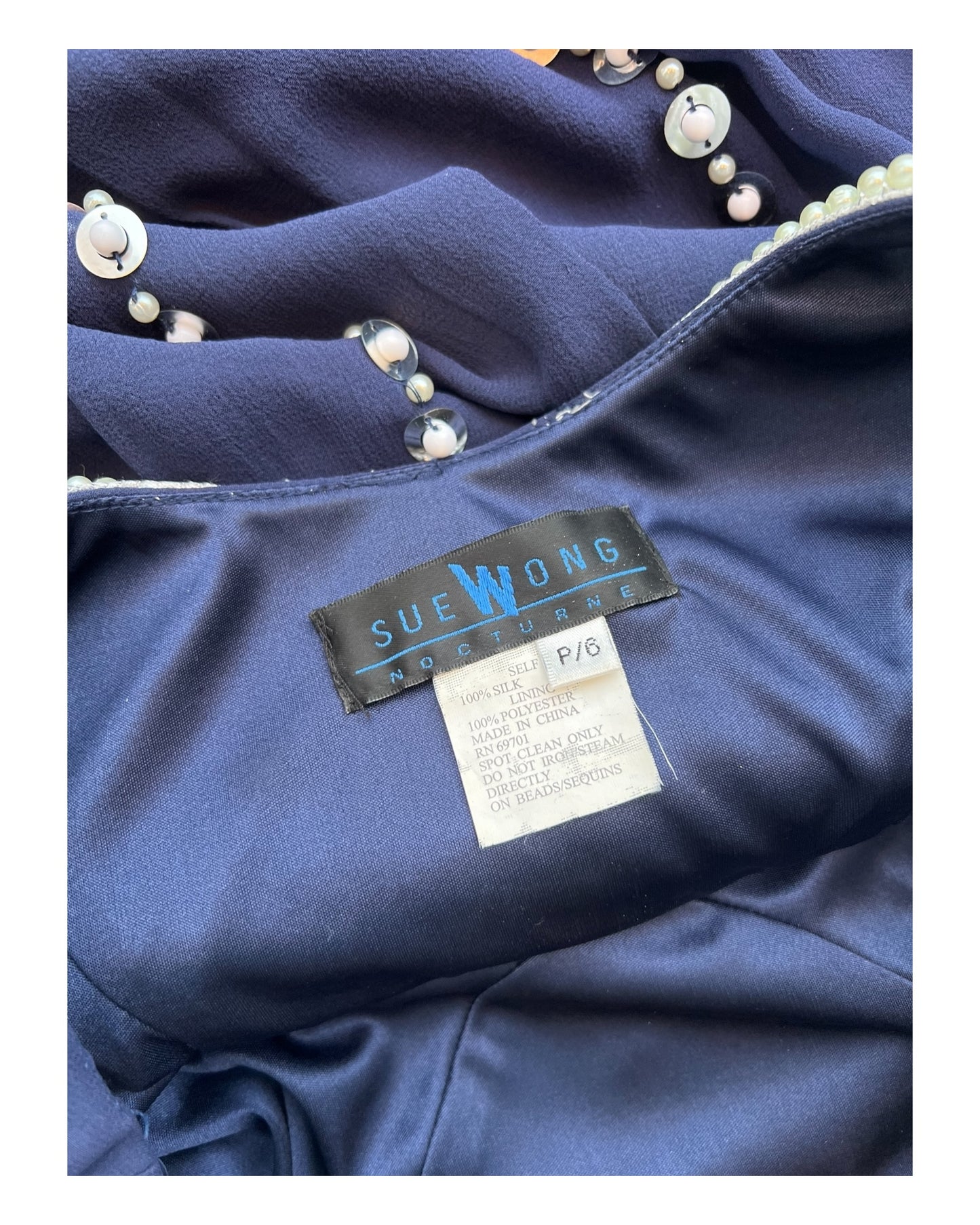 Vintage Sue Wong Navy Blue Silk Tent Dress with Pearl Beading