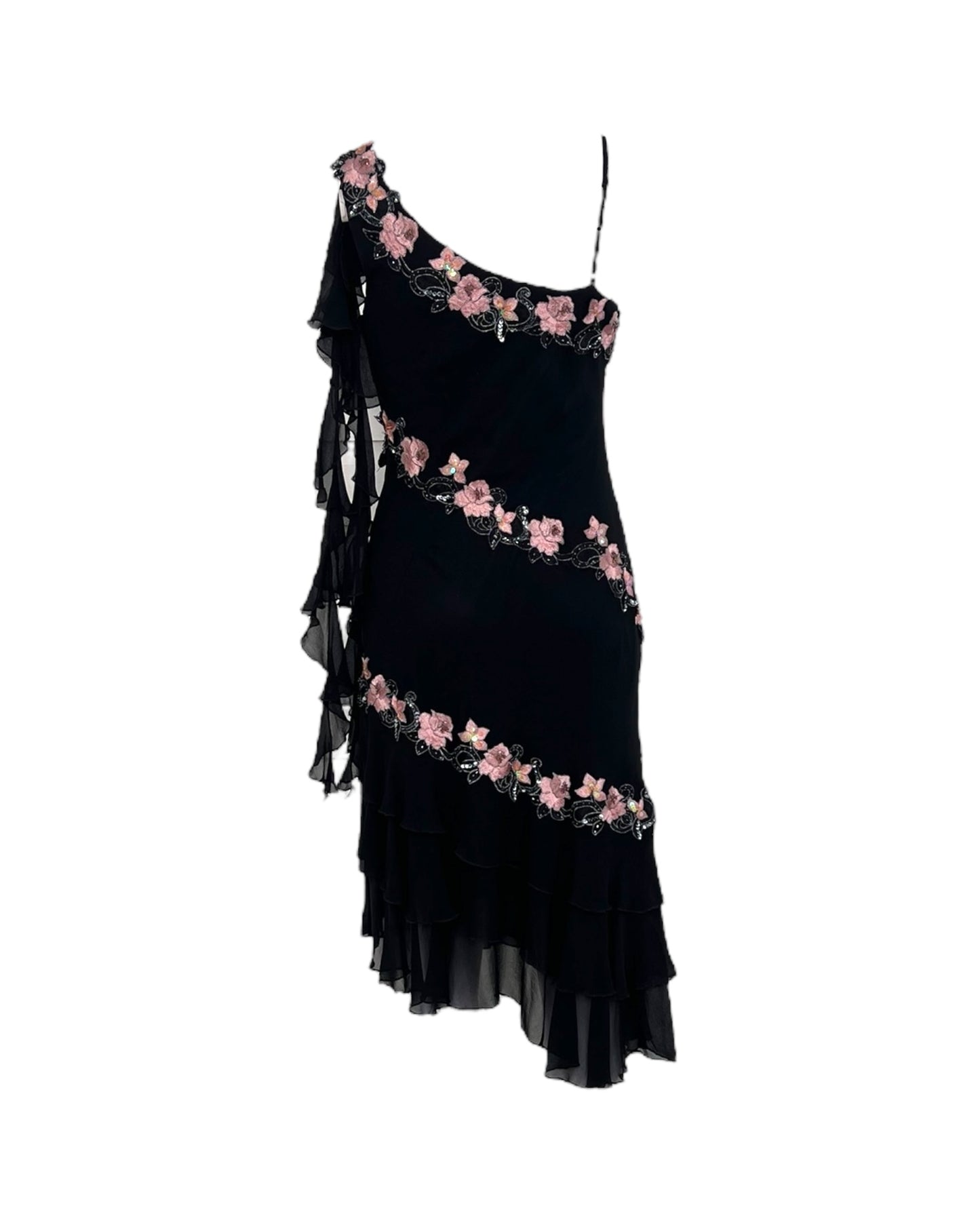 Vintage Caché Asymmetrical Embroidered Pink and Black Midi Dress