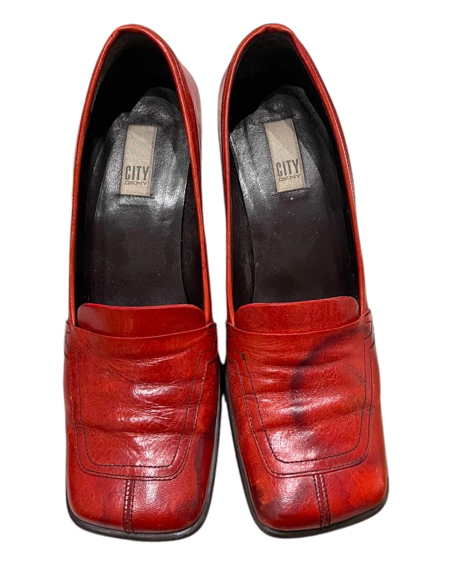 Vintage Red Leather Square-Toe Heels