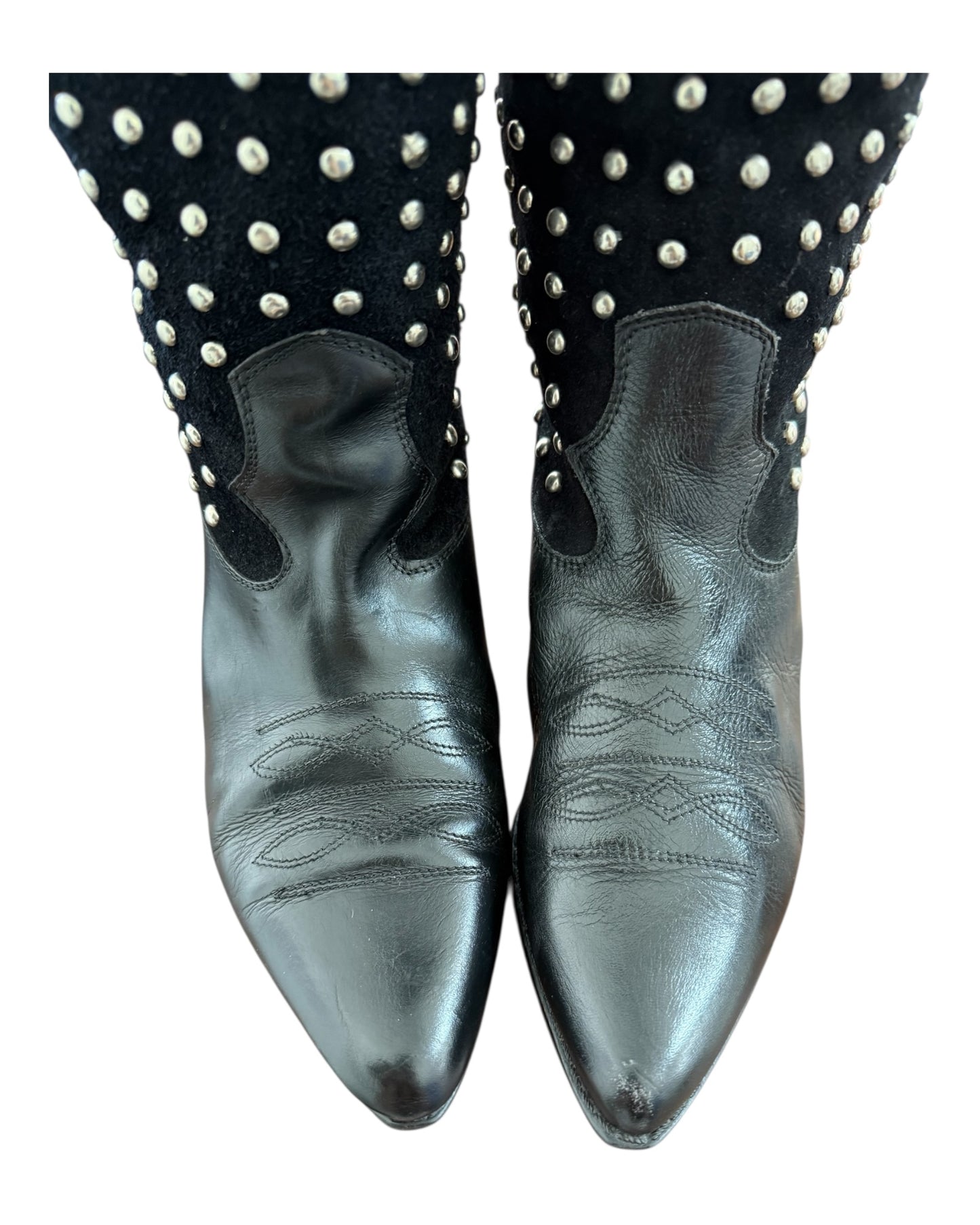 Vintage Black Suede and Leather Studded Cowboy Boots