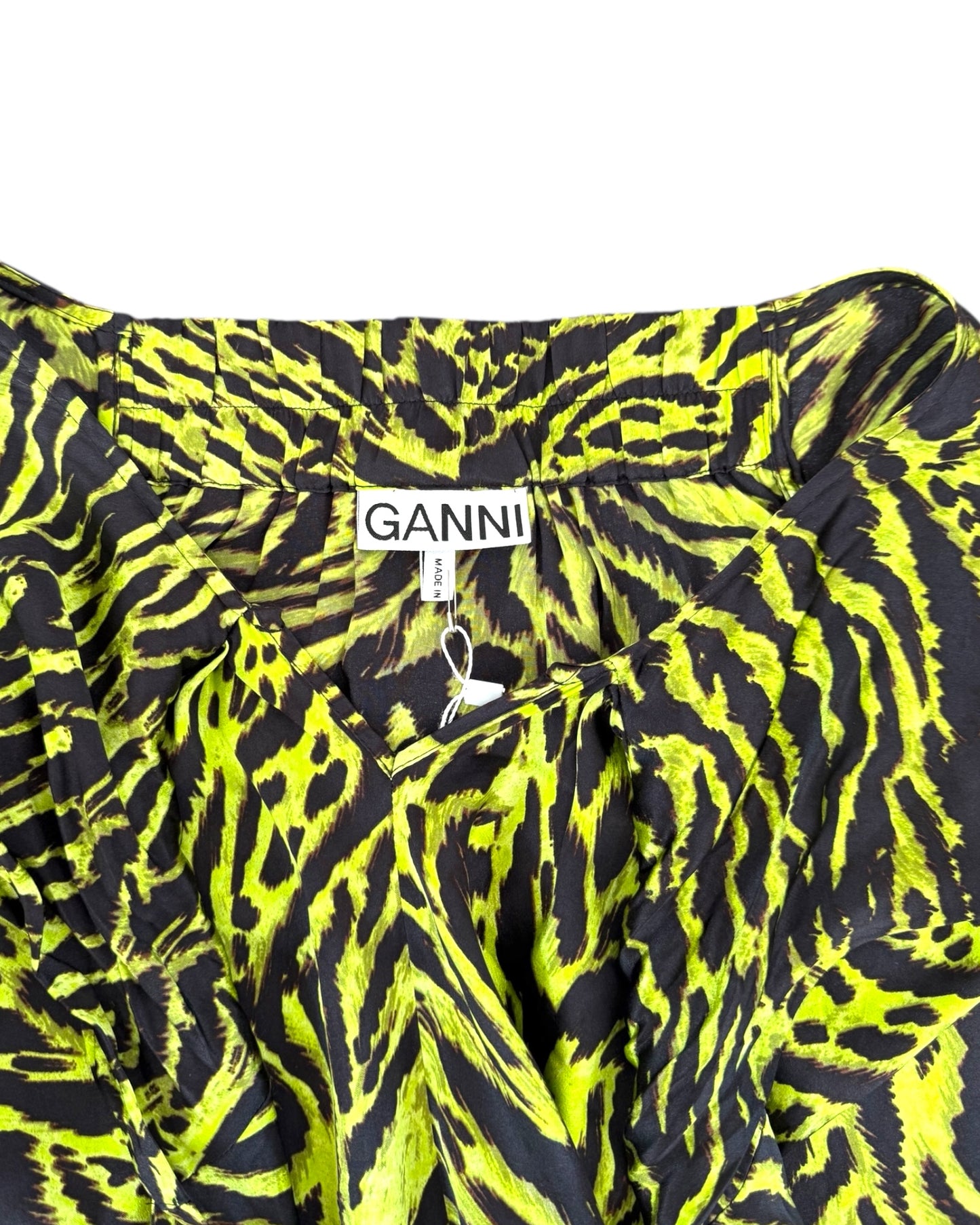 Vintage GANNI Green Zebra Print Silk Midi Dress with Tie Closure