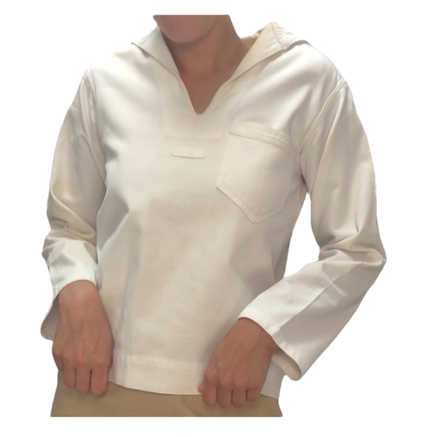 White long-sleeve shirt worn by a person on a white background