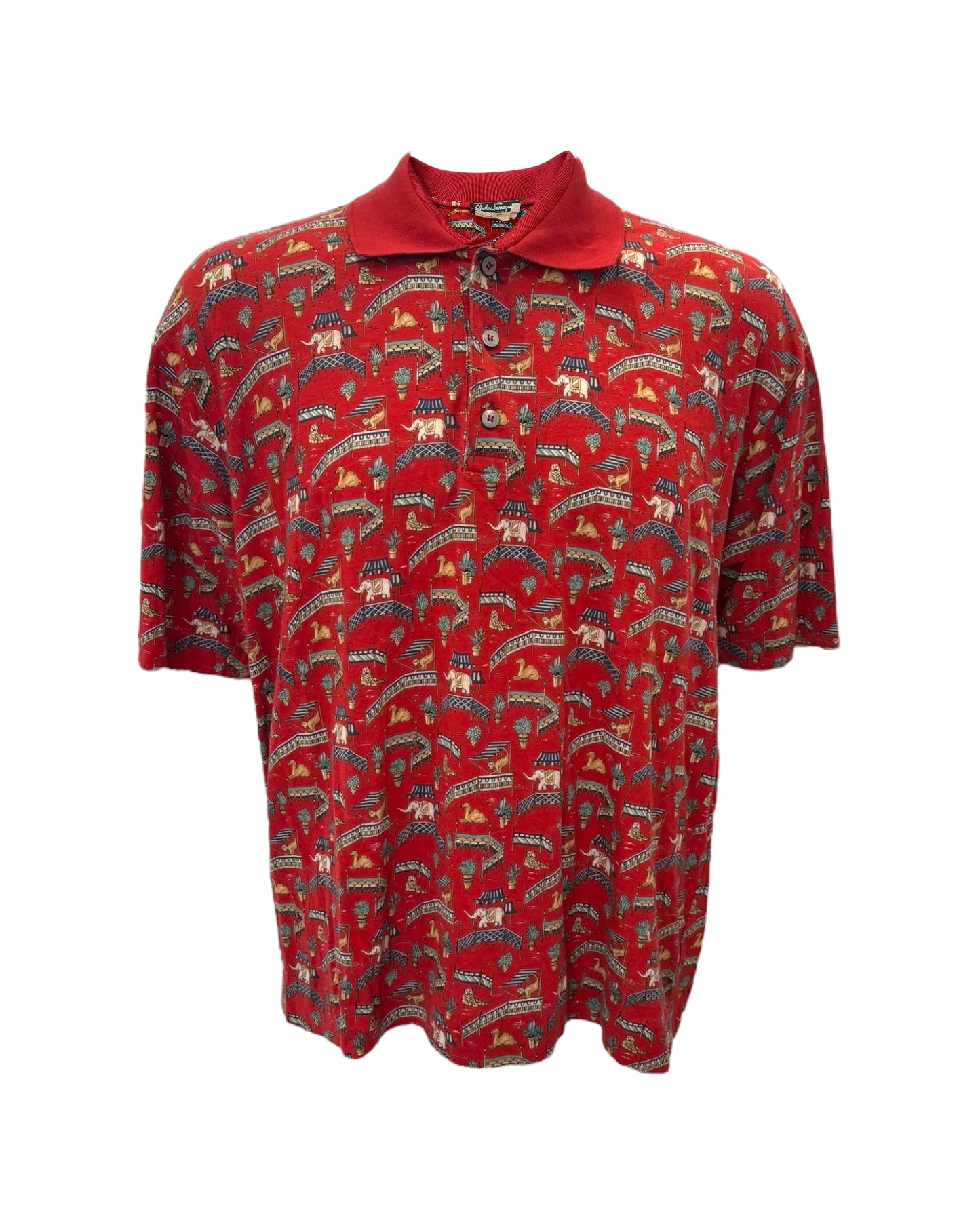 Vintage Salvatore Ferragamo Red Circus Print Polo Top