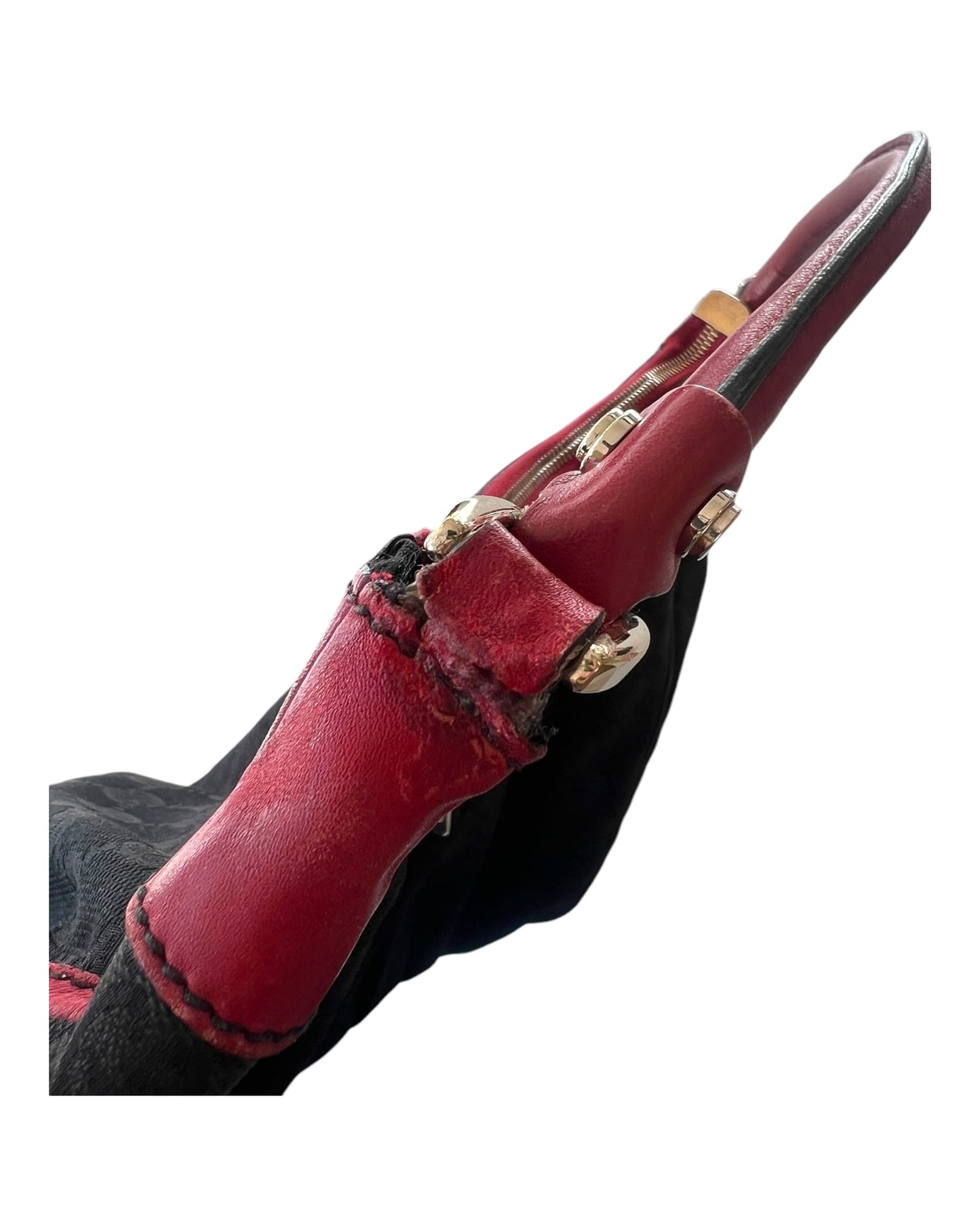 Vintage Gucci Red and Black Logo Abbey Tote Bag. Bag Features a black canvas body with the GG Logo throughout and red leather trim with metal hardware. Image depicts some wear on the handle.