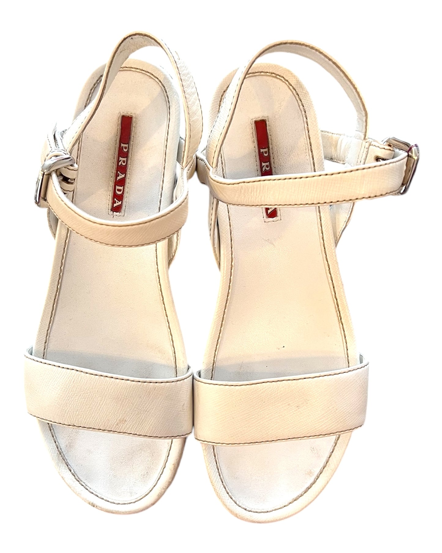 Vintage White Leather and Raffia Prada Wedge Sandals