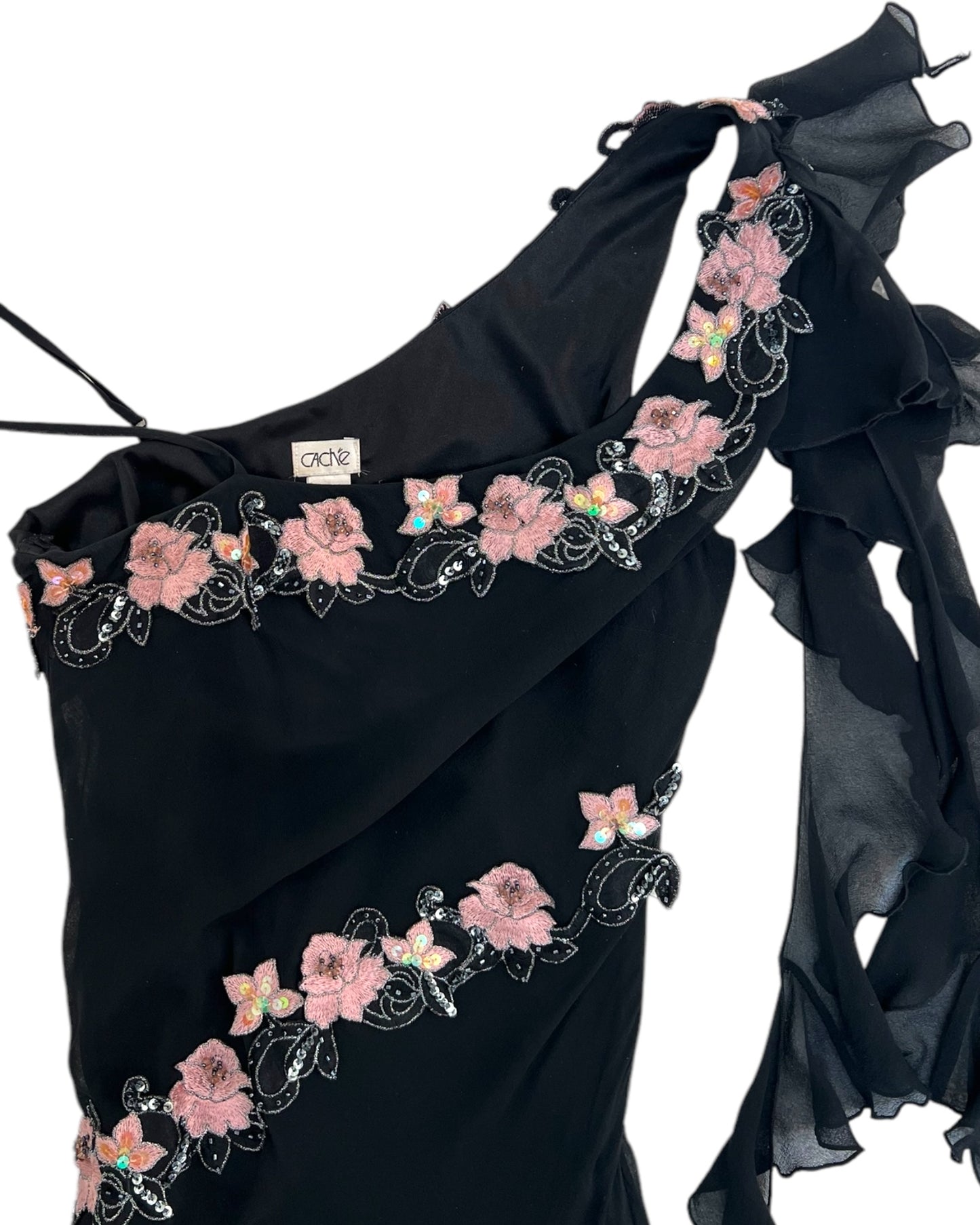 Vintage Caché Asymmetrical Embroidered Pink and Black Midi Dress