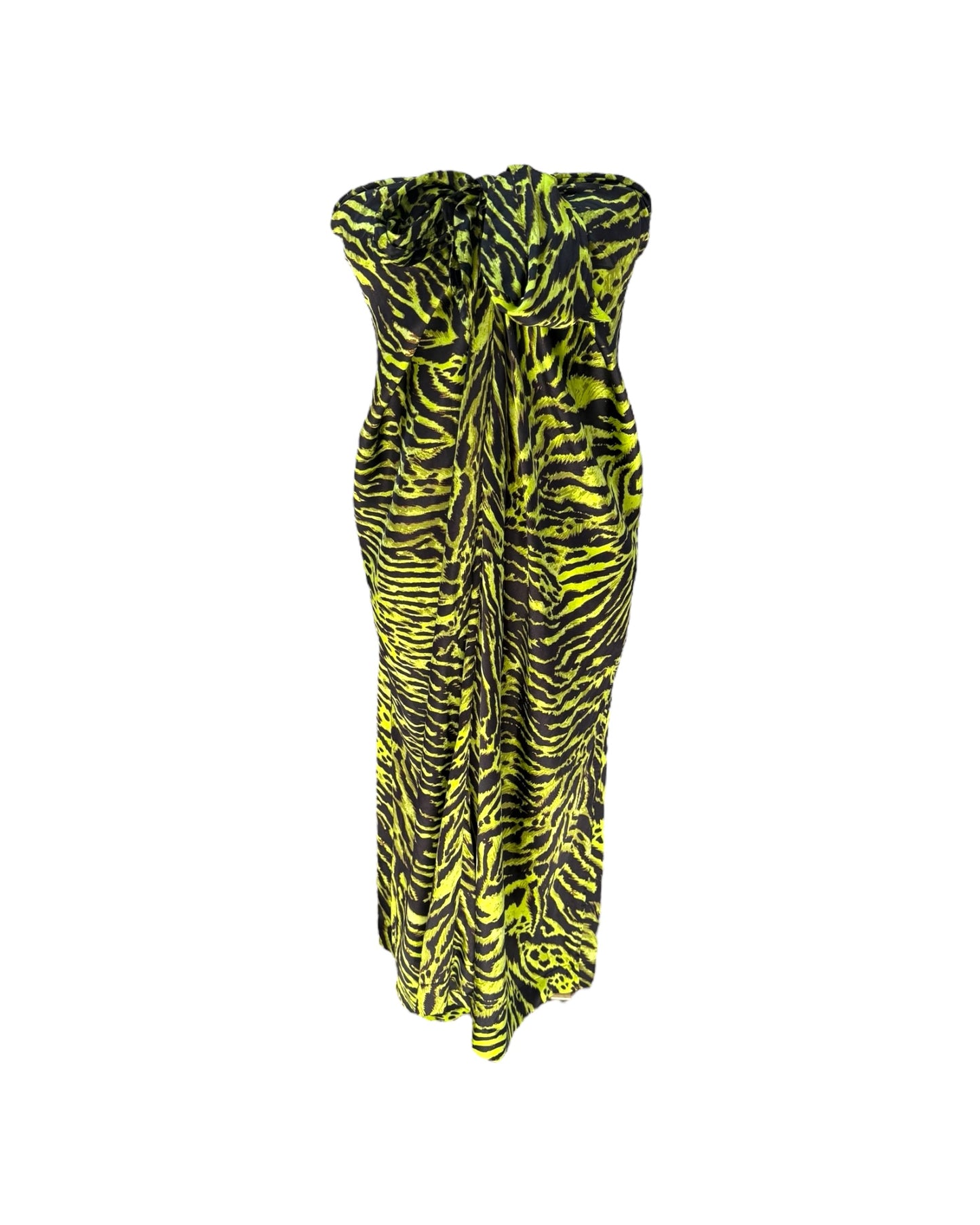 Vintage GANNI Green Zebra Print Silk Midi Dress with Tie Closure