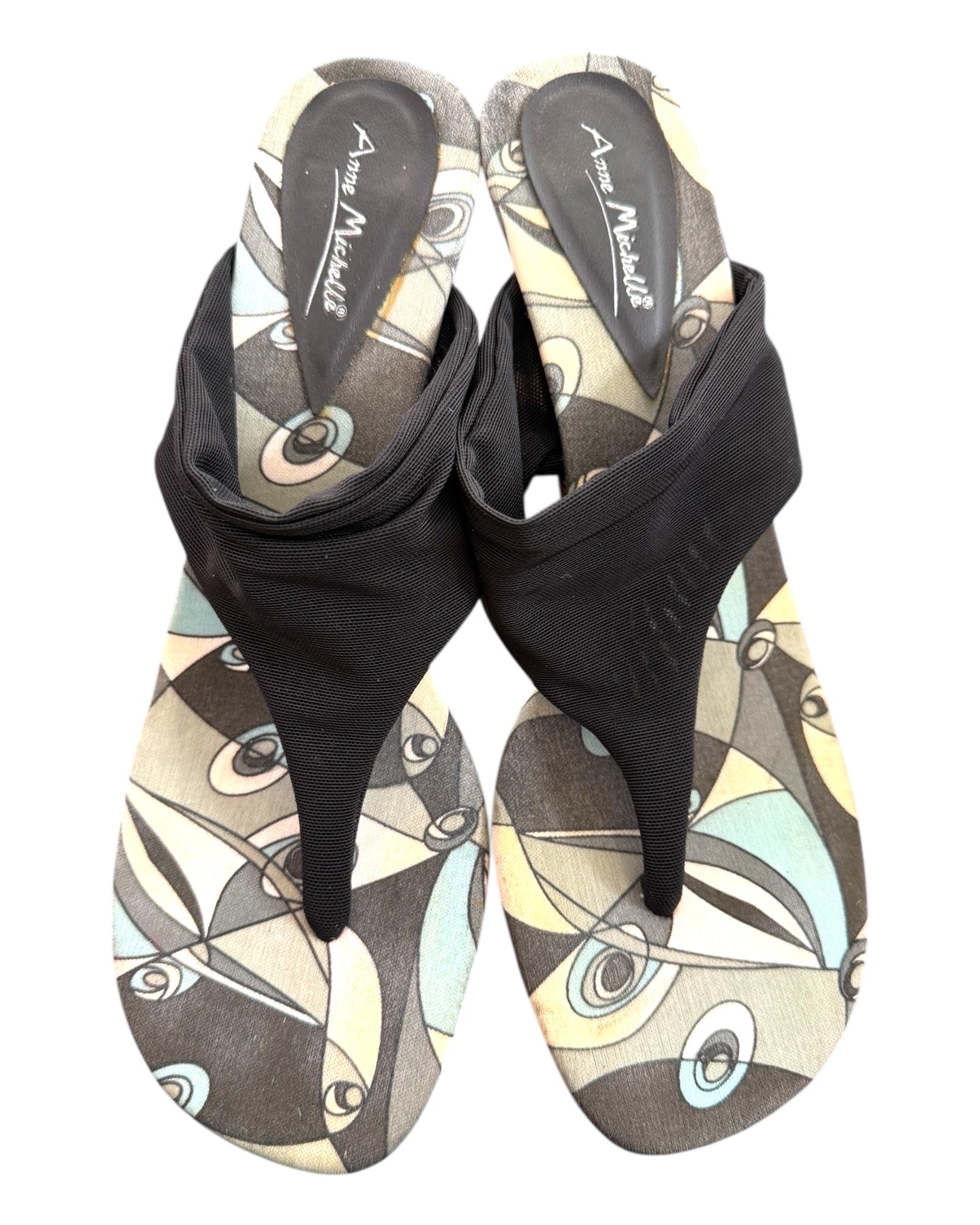 Vintage Blue and Black Stretchy Flip Flop Heels