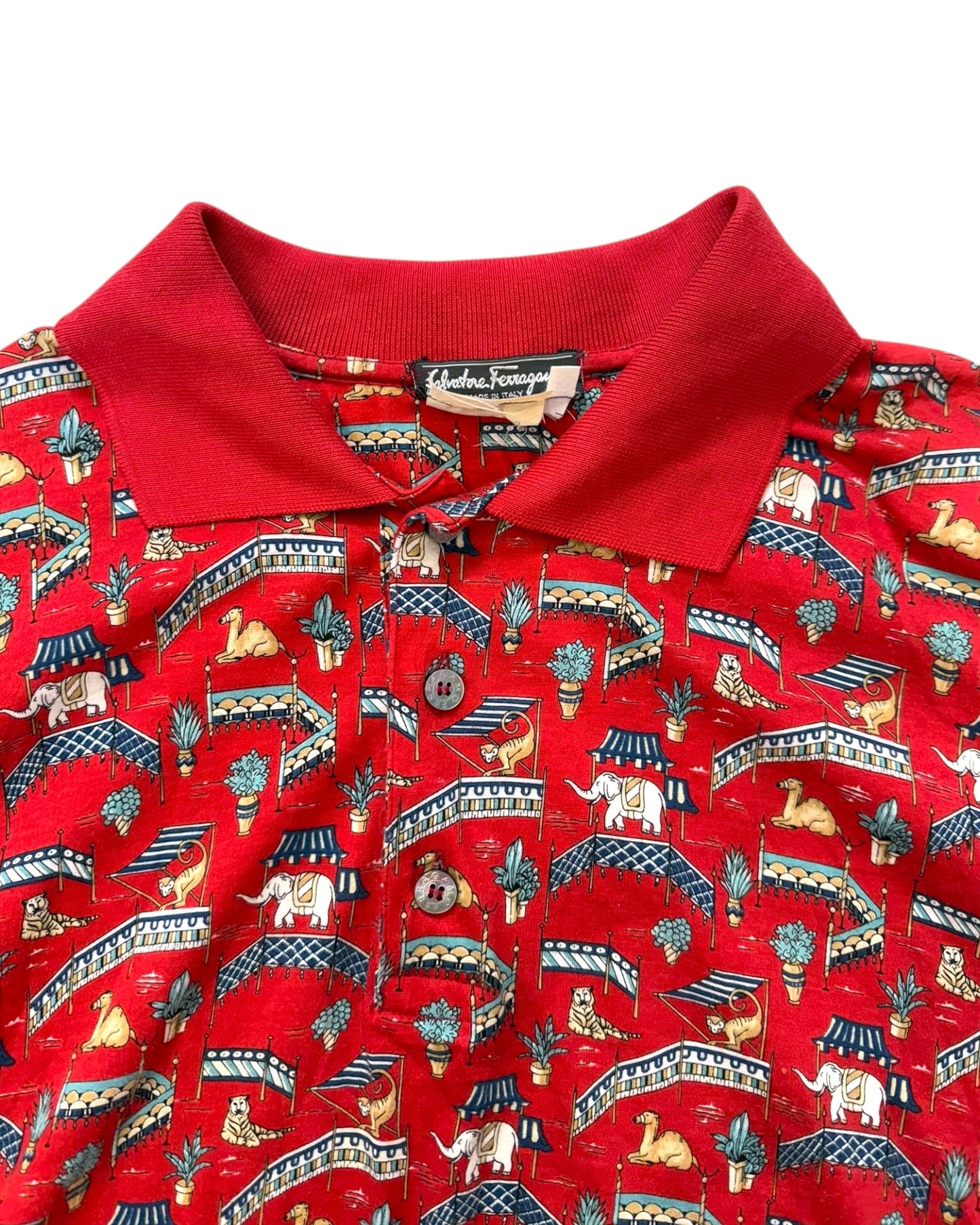 Vintage Salvatore Ferragamo Red Circus Print Polo Top