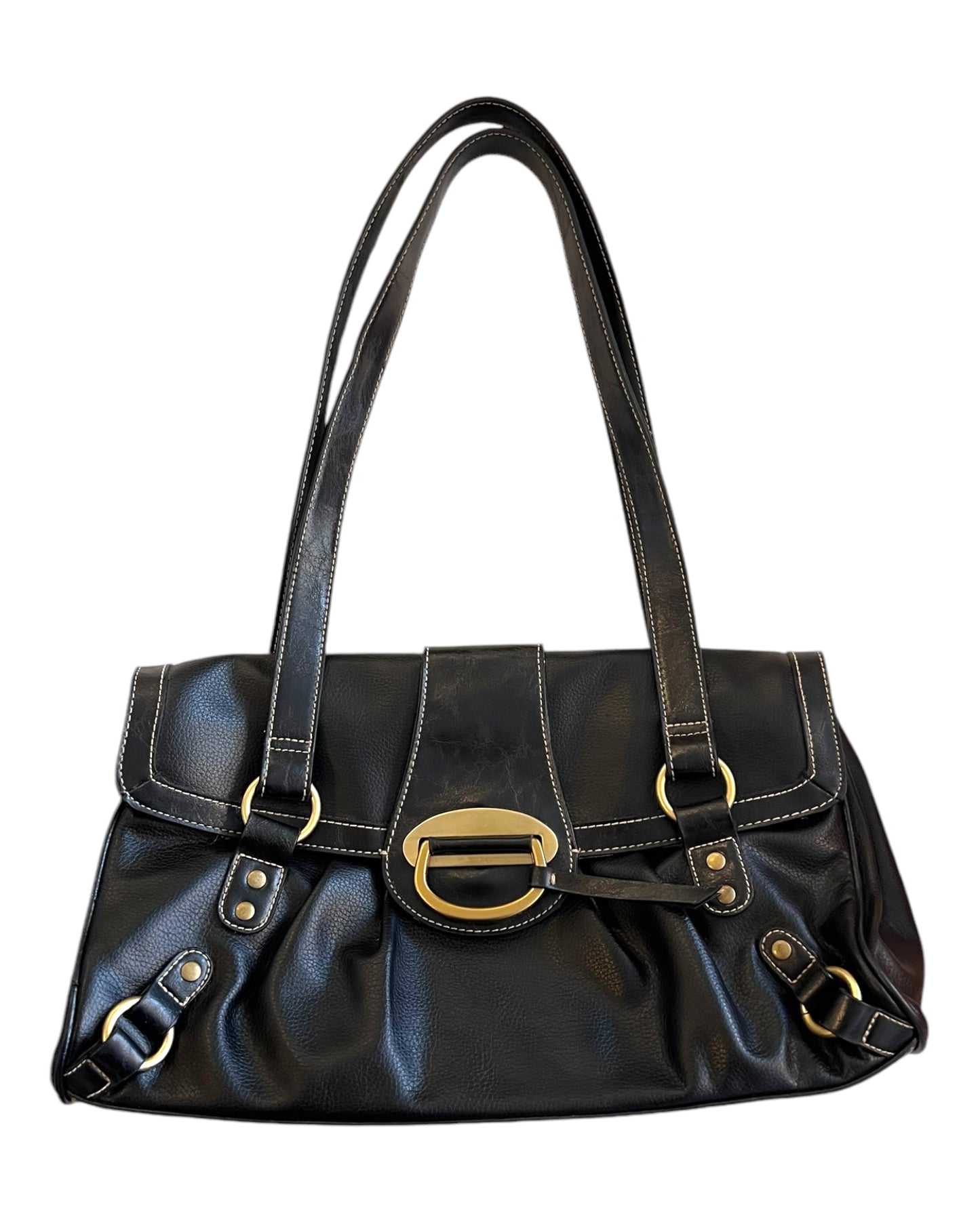 Vintage 2000s Black Leather Slouchy Bag with gold-tone hardware.