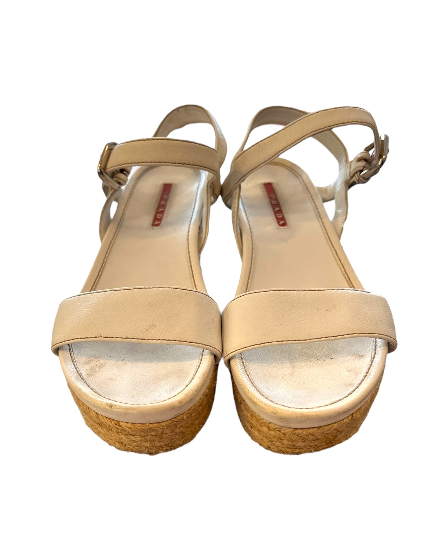 Vintage White Leather and Raffia Prada Wedge Sandals
