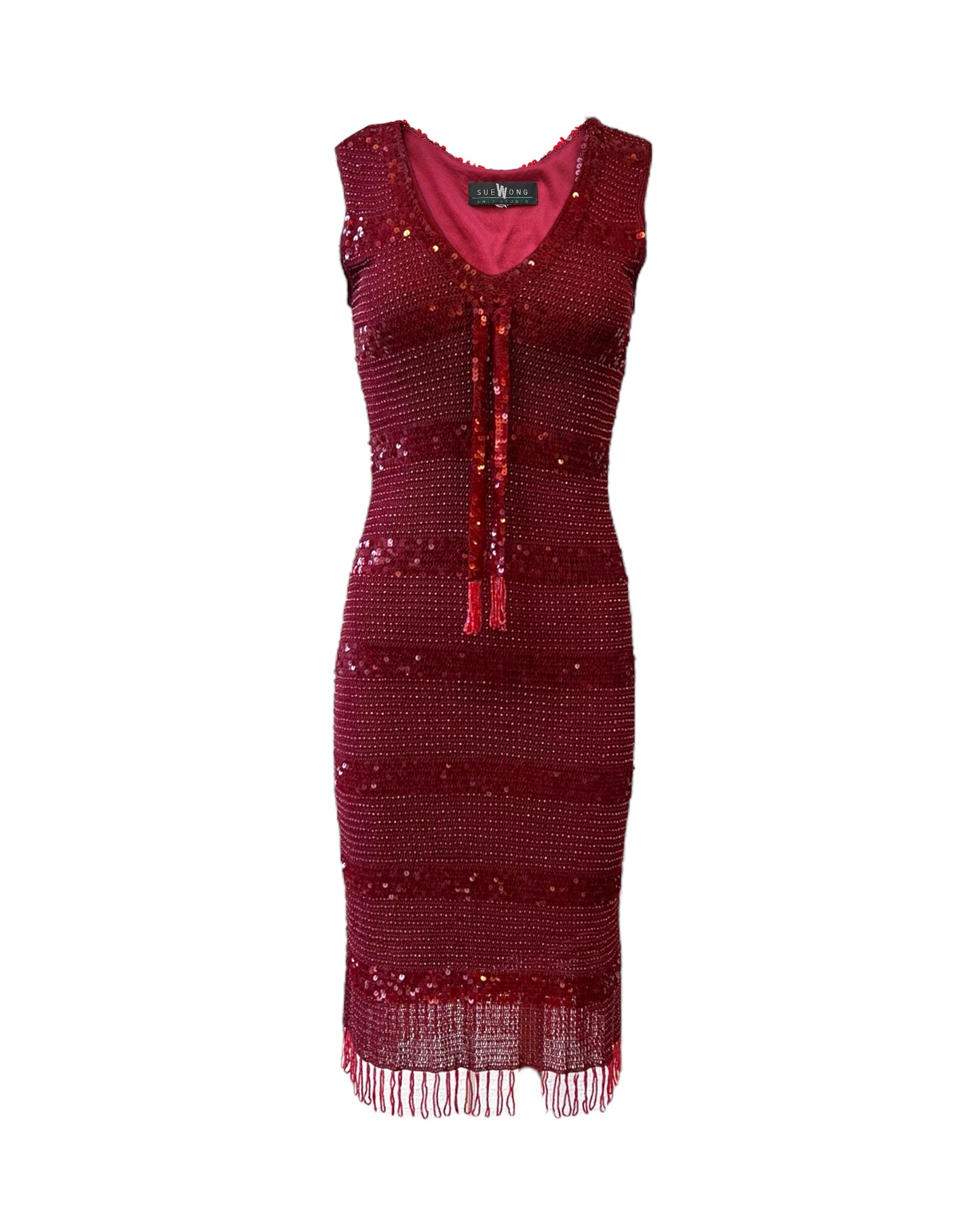Vintage Sue Wong Beaded Red Fringe Knit Dress
