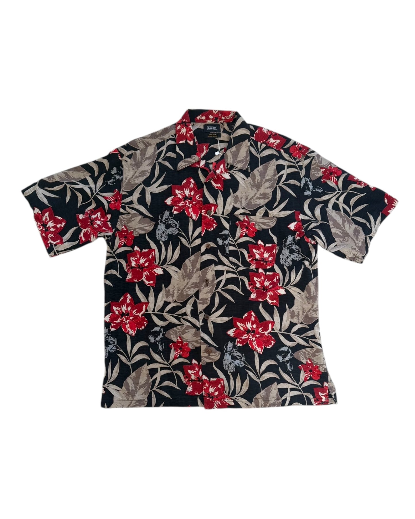 Vintage Silk Black and Red Hawaiian Shirt