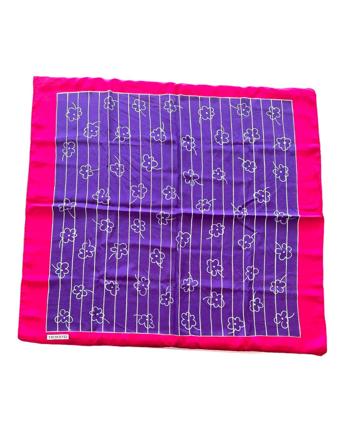 Vintage Givenchy Pink and Purple Floral Silk Scarf. Flowers appear "drawn on" and are white in color.