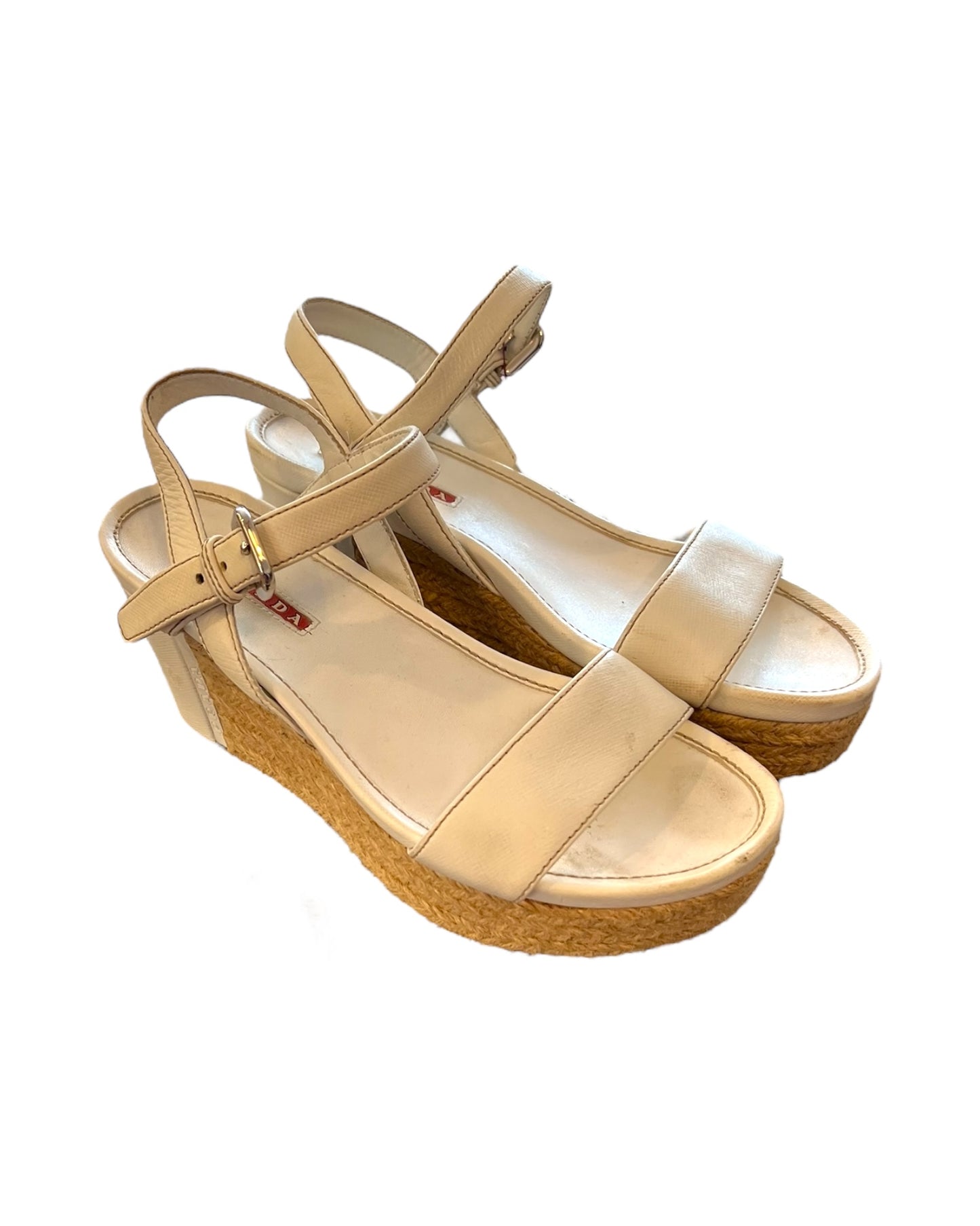 Vintage White Leather and Raffia Prada Wedge Sandals. raffia is beige color