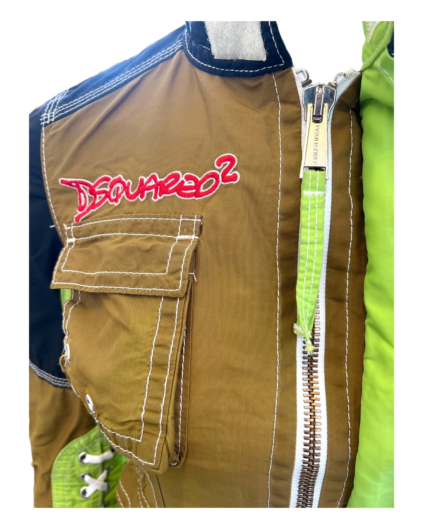 Vintage DSquared2 Black and Green Utility Jacket. Features four pockets, lace up details on sleeves and velcro openings.