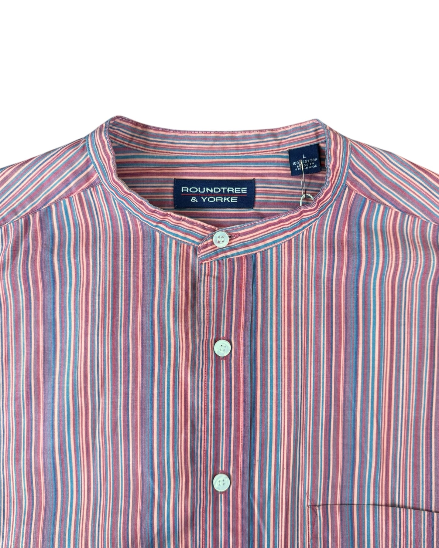 Pre-Loved Collarless Pink and Blue Striped Button-Up Top