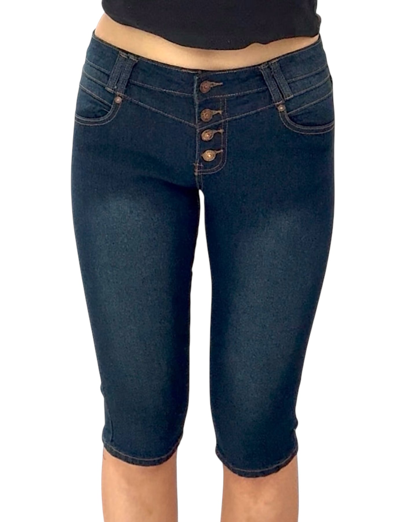 Vintage Dark-Wash Skinny Capri Shorts