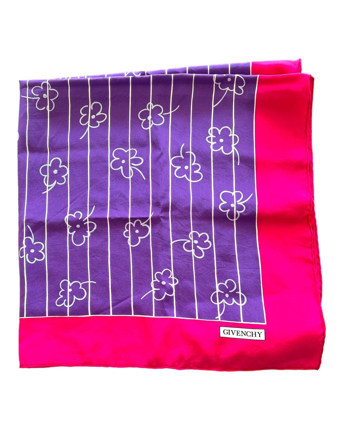 Vintage Givenchy Pink and Purple Floral Silk Scarf. Flowers appear "drawn on" and are white in color.