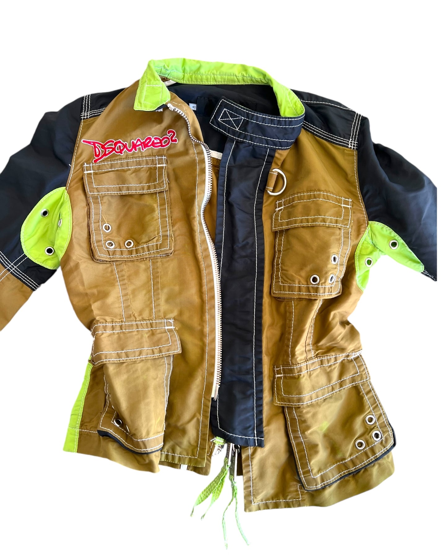 Vintage DSquared2 Black and Green Utility Jacket. Features four pockets, lace up details on sleeves and velcro openings.