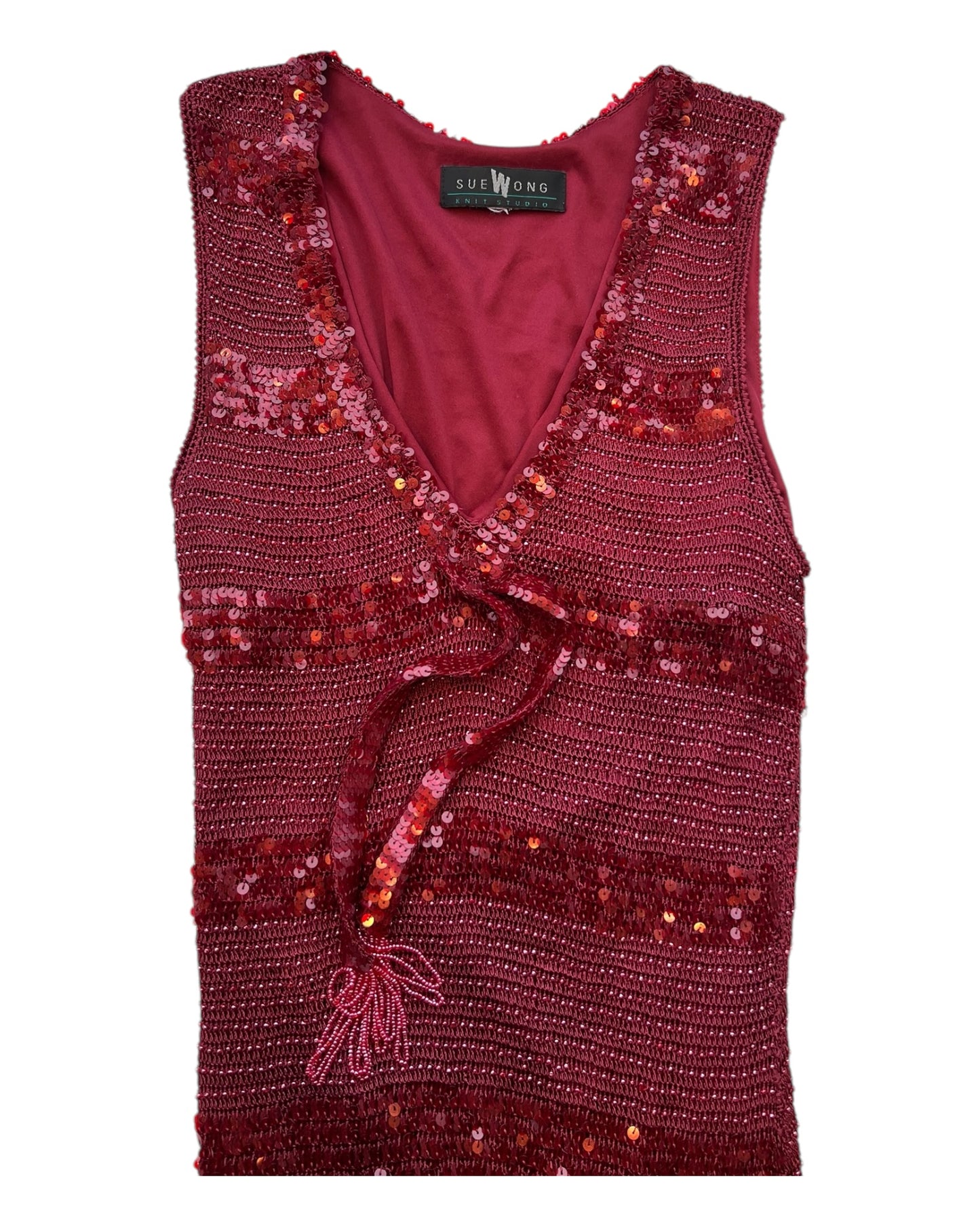 Vintage Sue Wong Beaded Red Fringe Knit Dress