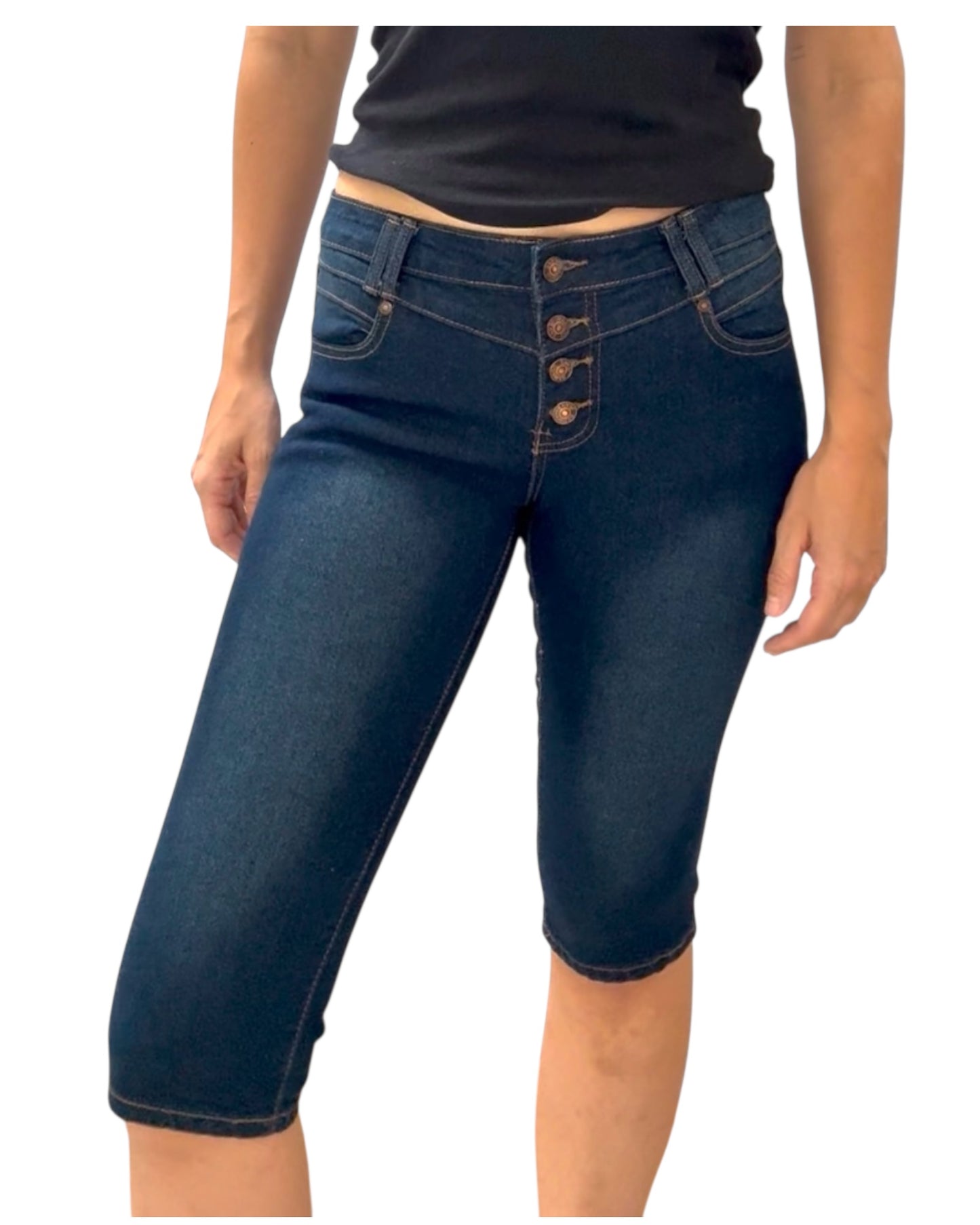 Vintage Dark-Wash Skinny Capri Shorts