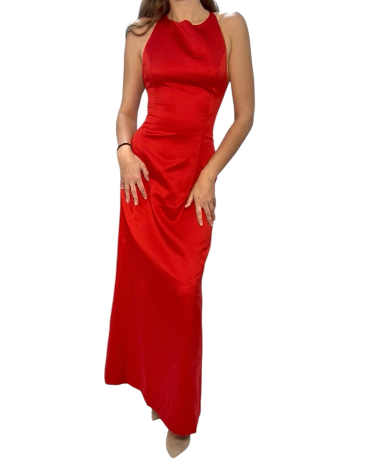 Red halter neck dress on a white background