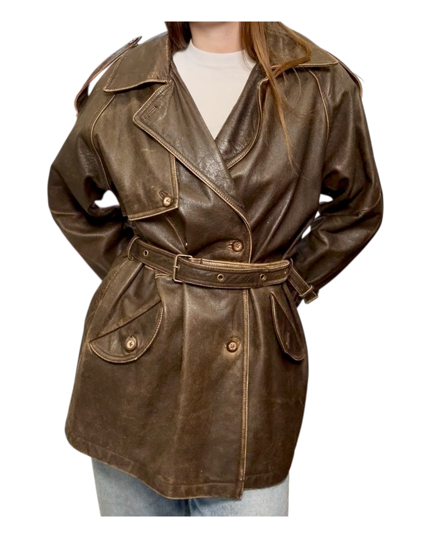 Vintage M.J. Carroll Oversized Brown Leather Trench Coat