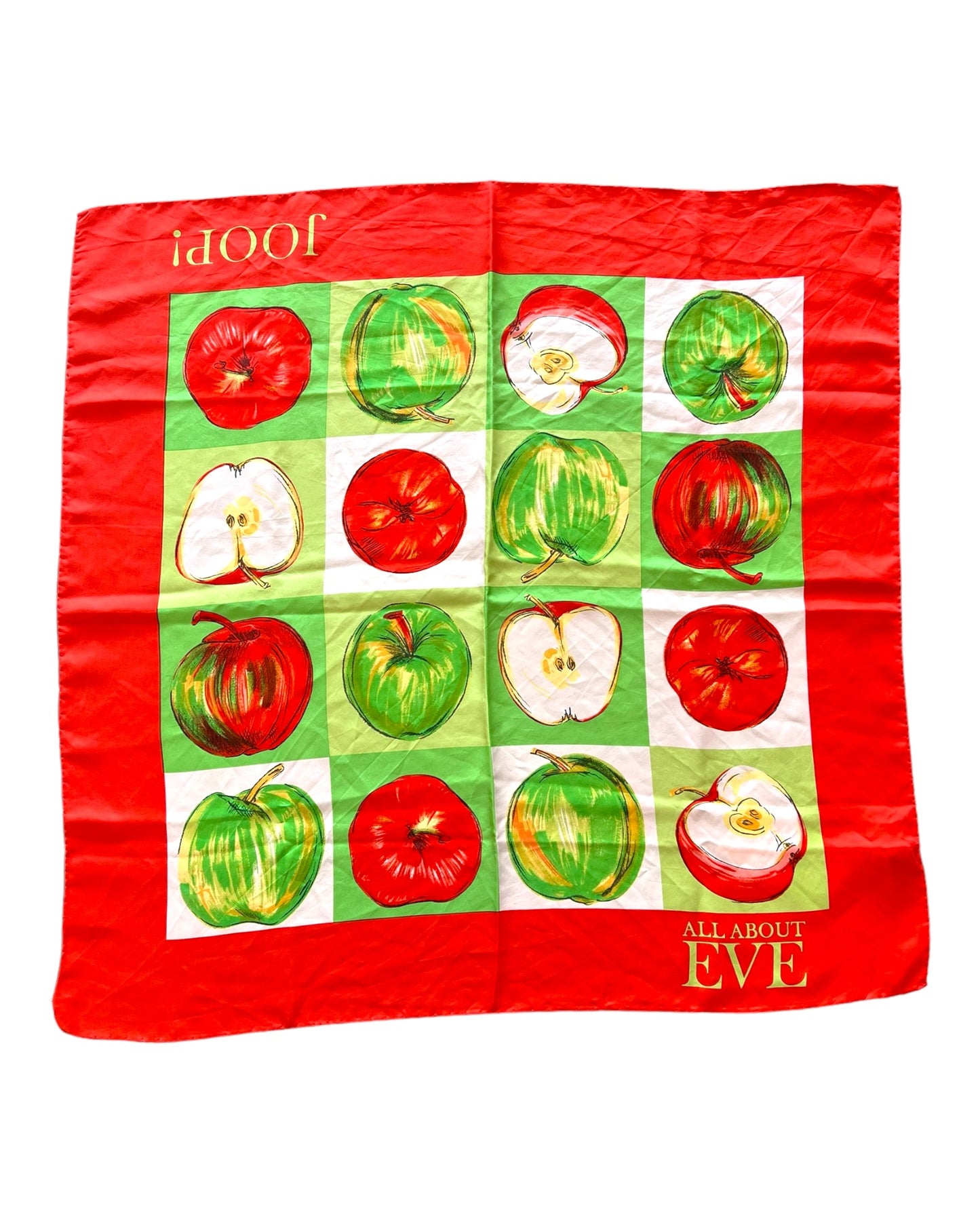 Vintage Joop! Red and Green Apple Silk Scarf. Scarf features a checkered apple motif, text reads "All about Eve"