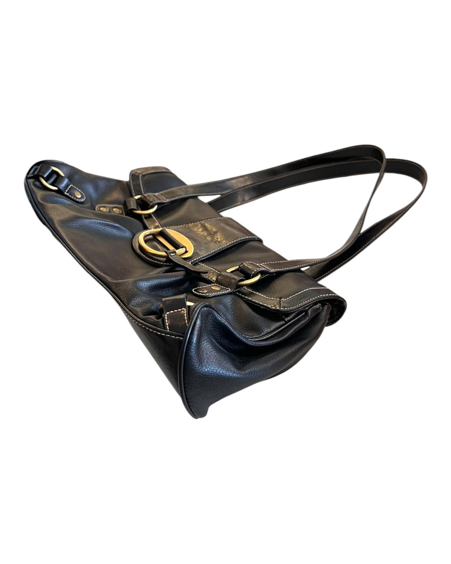 Vintage 2000s Black Leather Slouchy Bag with gold tone hardware.