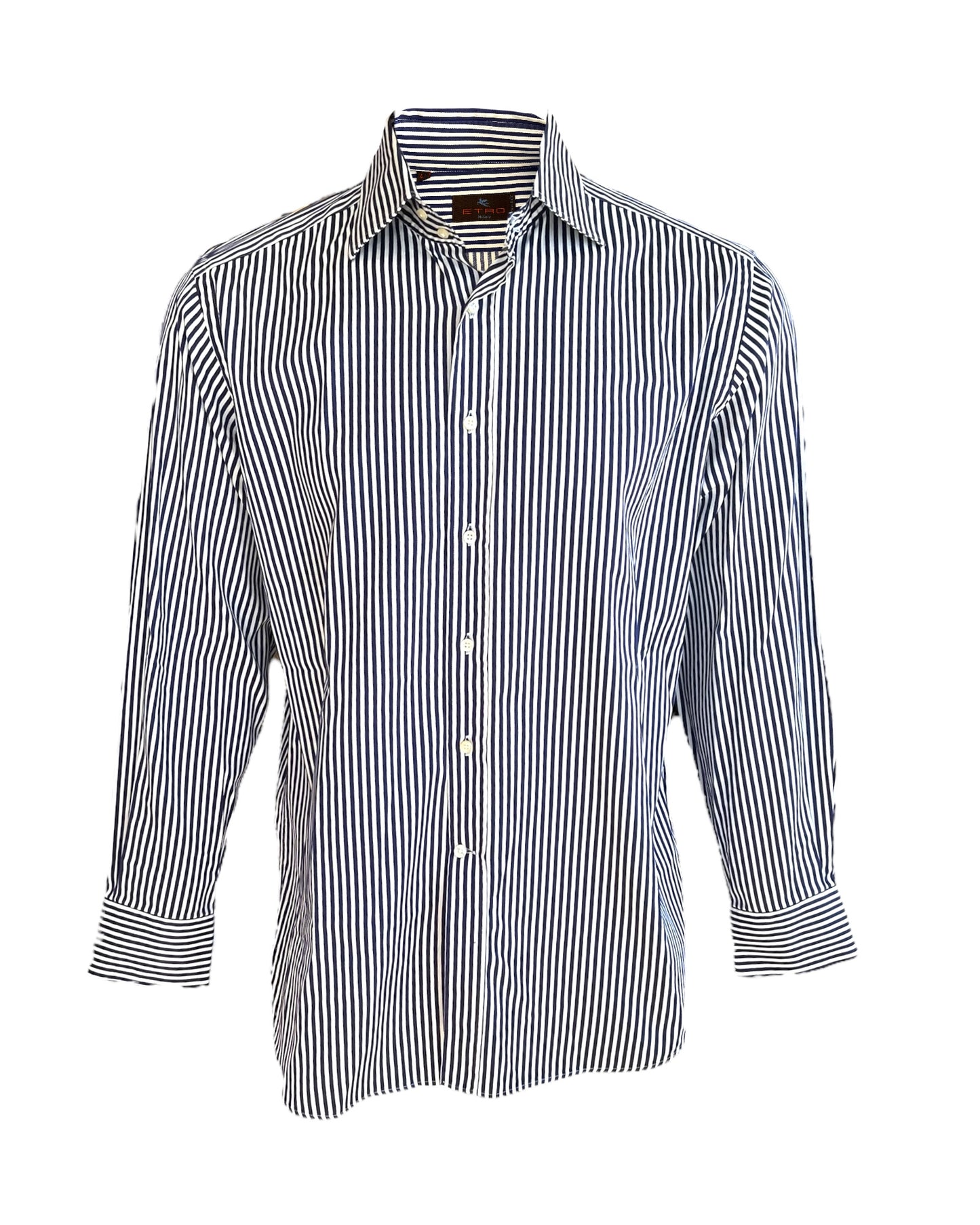 Vintager Etro White and Navy Stripe Button-Up Top