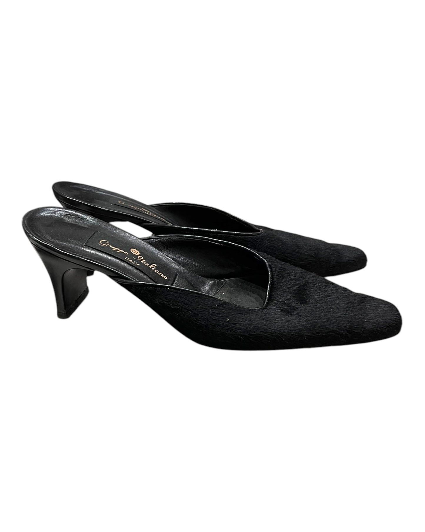 Vintage Black Pony-Hair Leather Mule Heels
