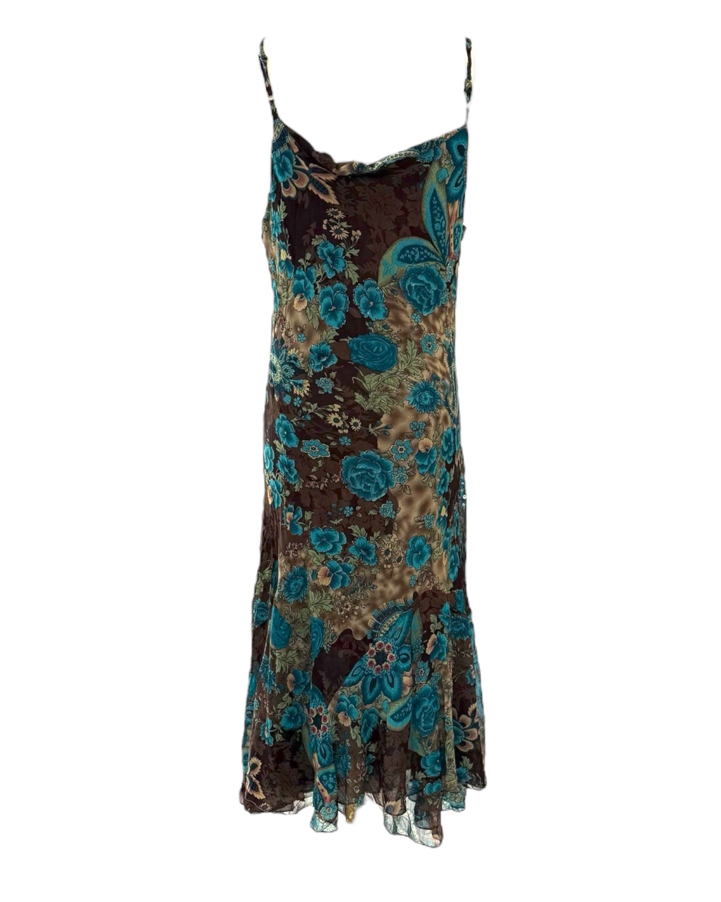 Vintage 2000s Turquoise and Brown Patterned Sequin Midi Dress