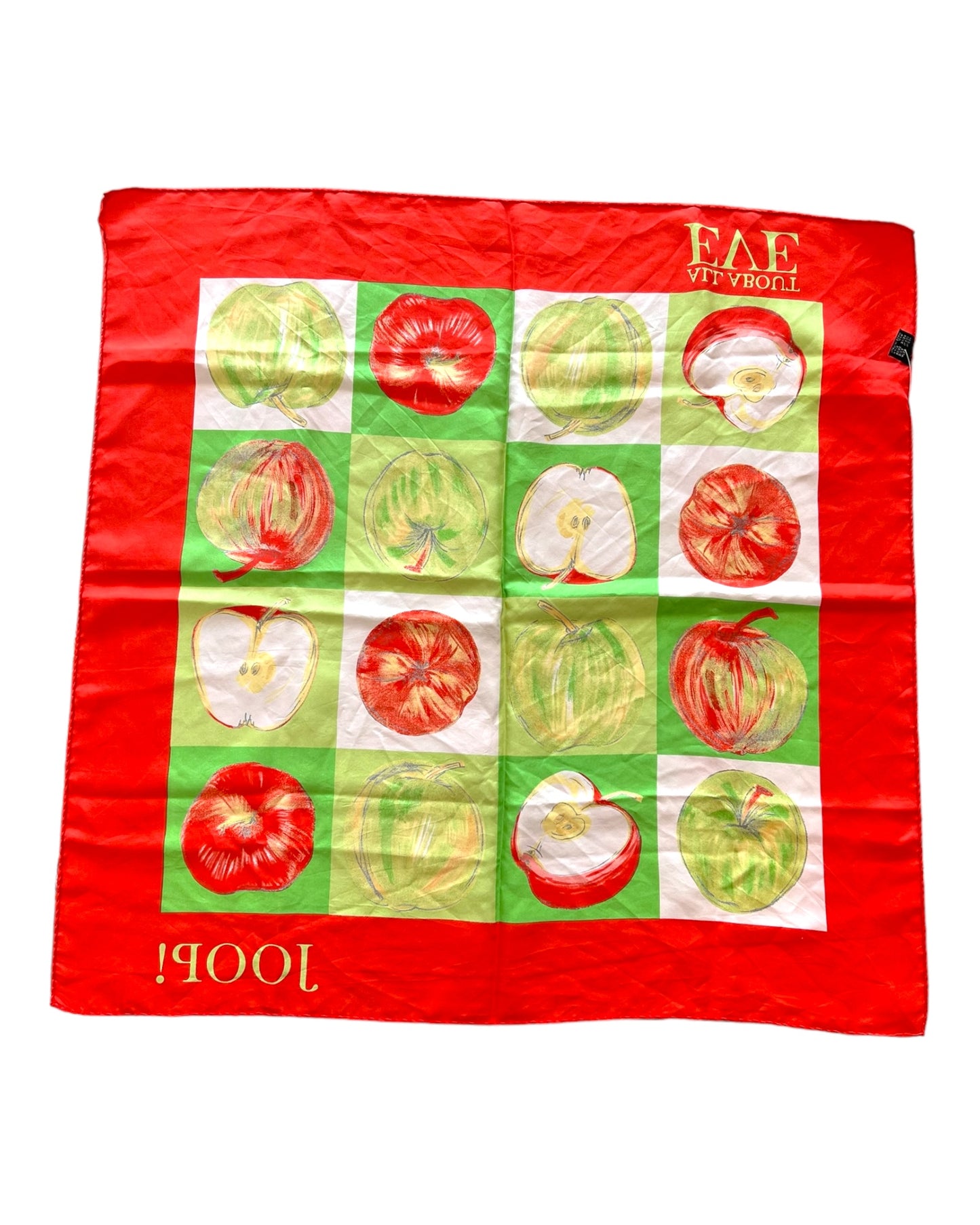 Vintage Joop! Red and Green Apple Silk Scarf. Scarf features a checkered apple motif, text reads "All about Eve"